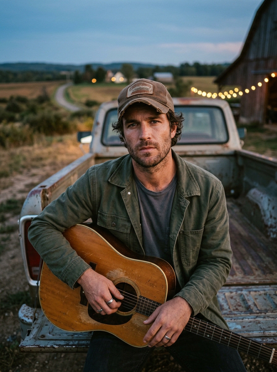 Calder Quinn on truck tailgate with acoustic guitar